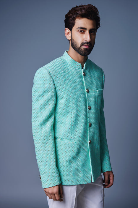 Sea Green Sequins Bandhgala With Pant