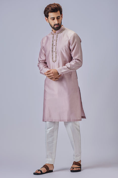 Light Cream Kurta With Neckline Round +Pant Pyjama