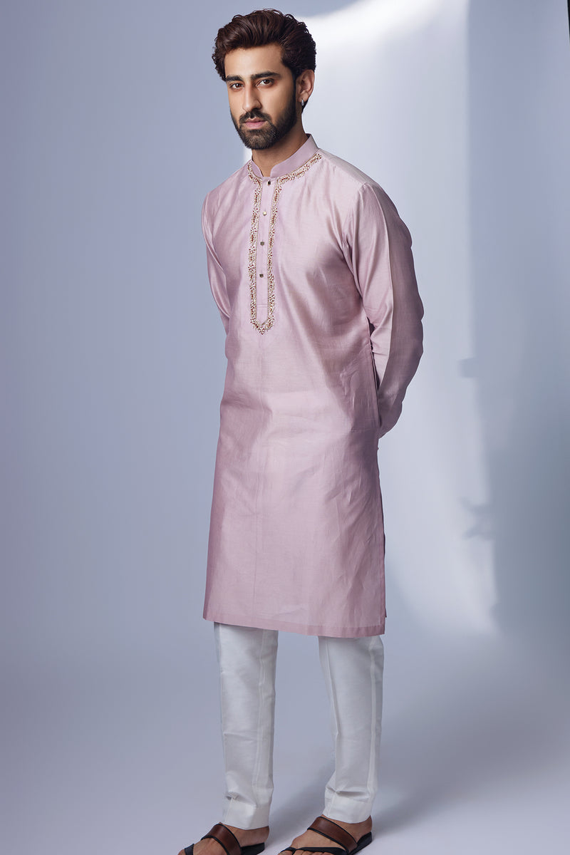 Light Cream Kurta With Neckline Round +Pant Pyjama
