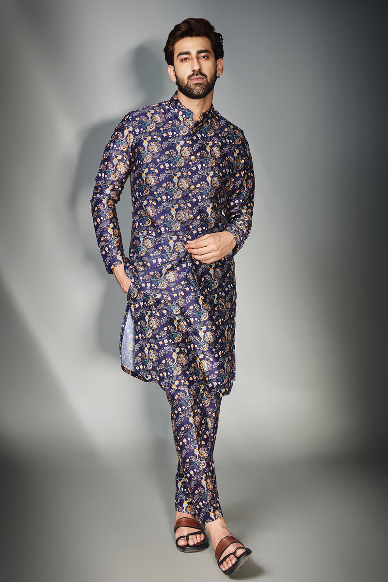 Blue Floral Print Kurta +Pant Print Pyjama