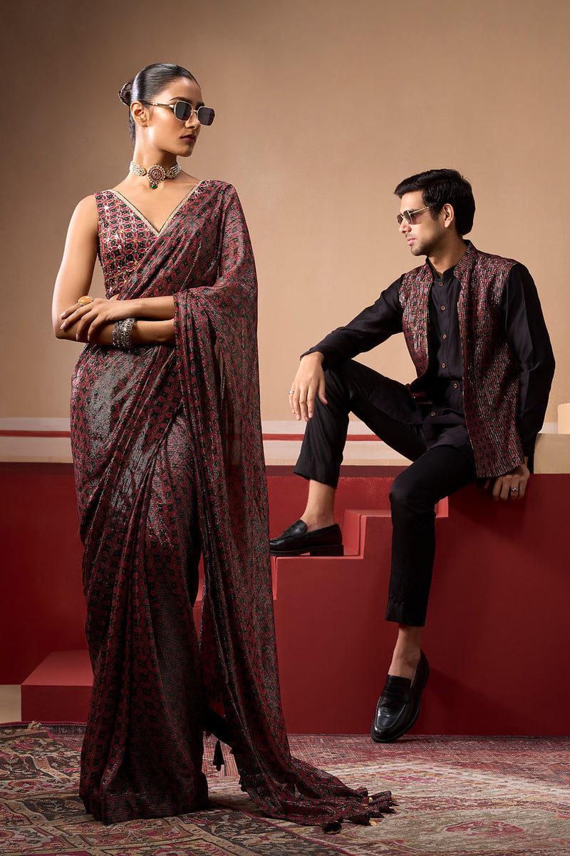 Sindh Plum and Onyx Saree Set