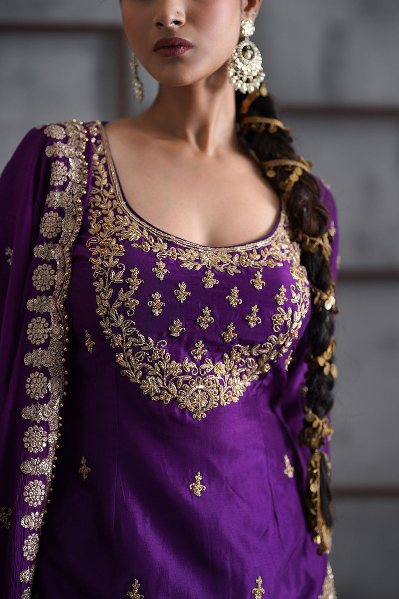 Purple embroidered Kurti, Sharara and dupatta