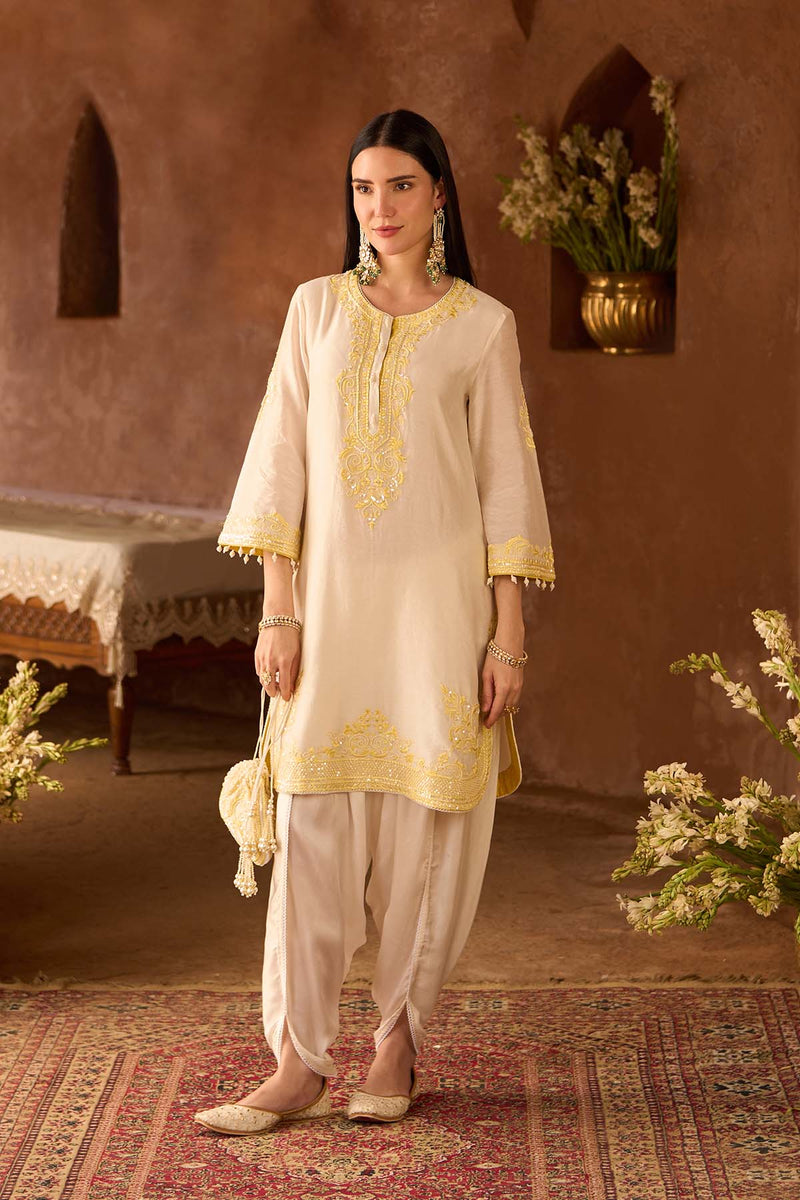NYRA - DAISY IVORY WITH LEMON YELLOW SHORT KURTA AND DHOTI