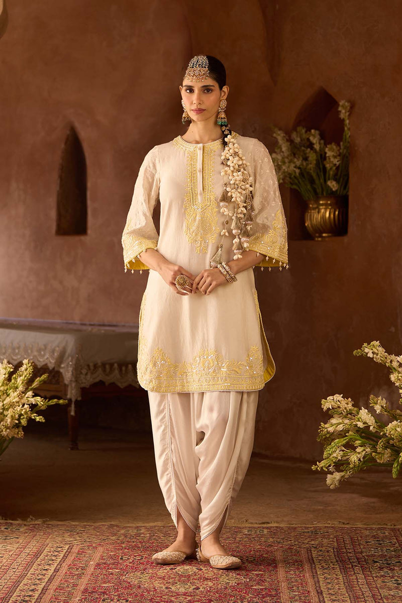 RUHI - DAISY IVORY WITH LEMON YELLOW SHORT KURTA AND DHOTI