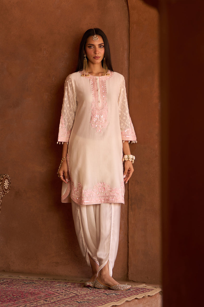 RUHI - DAISY IVORY WITH PINK SHORT KURTA AND DHOTI