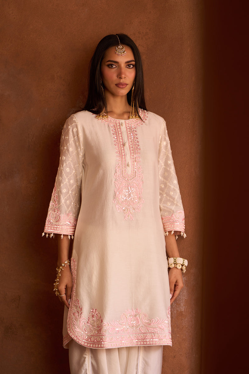 RUHI - DAISY IVORY WITH PINK SHORT KURTA AND DHOTI