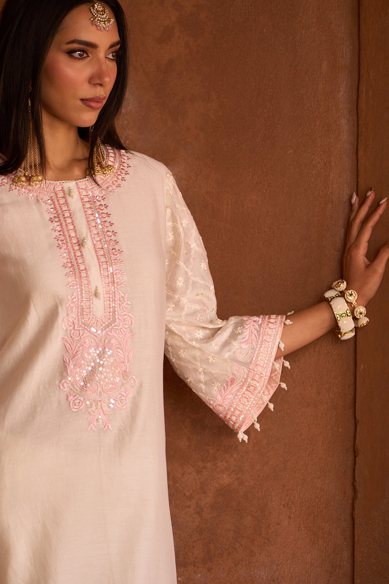 RUHI - DAISY IVORY WITH PINK SHORT KURTA AND DHOTI