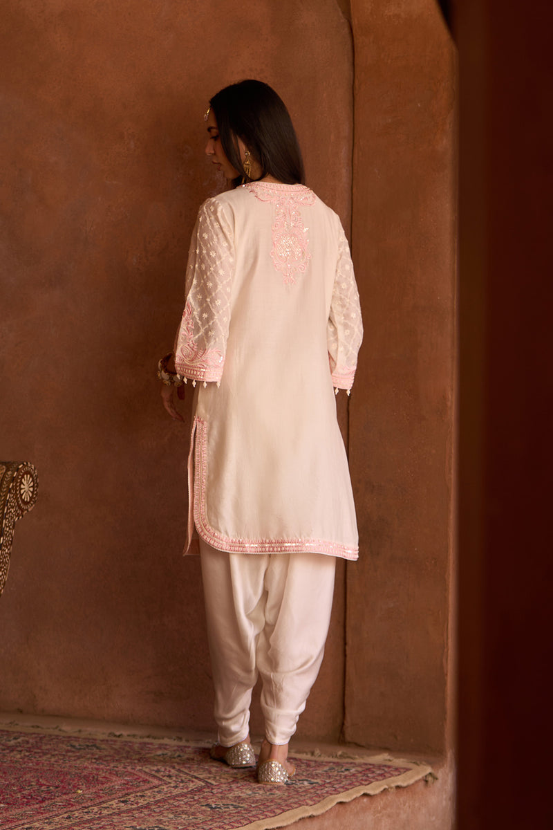 RUHI - DAISY IVORY WITH PINK SHORT KURTA AND DHOTI