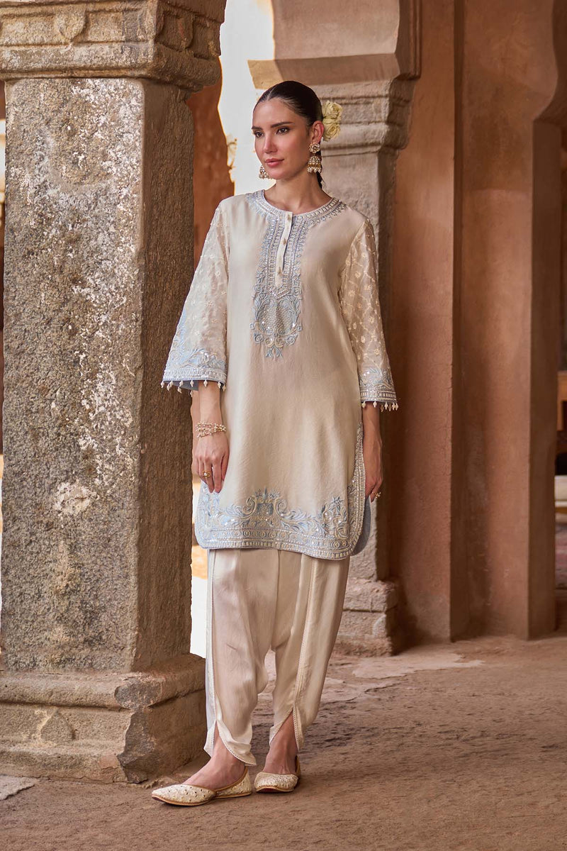 RUHI - DAISY IVORY WITH BLUE SHORT KURTA AND DHOTI
