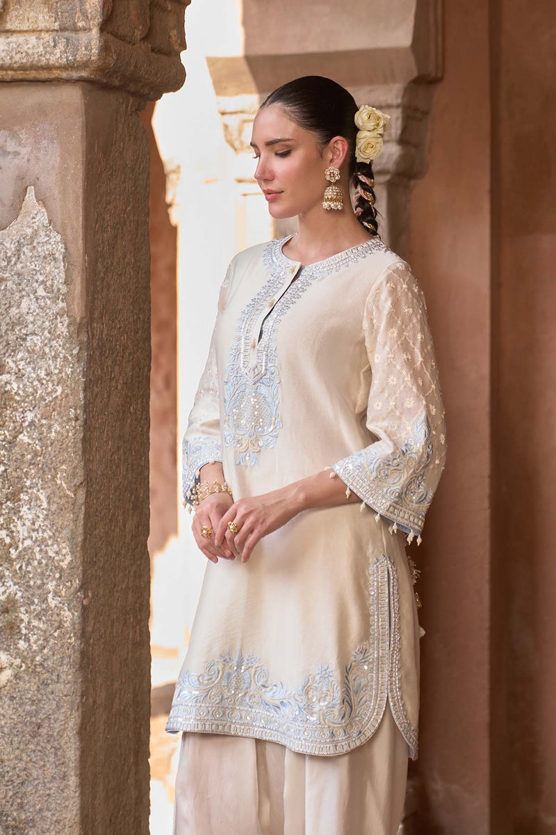RUHI - DAISY IVORY WITH BLUE SHORT KURTA AND DHOTI