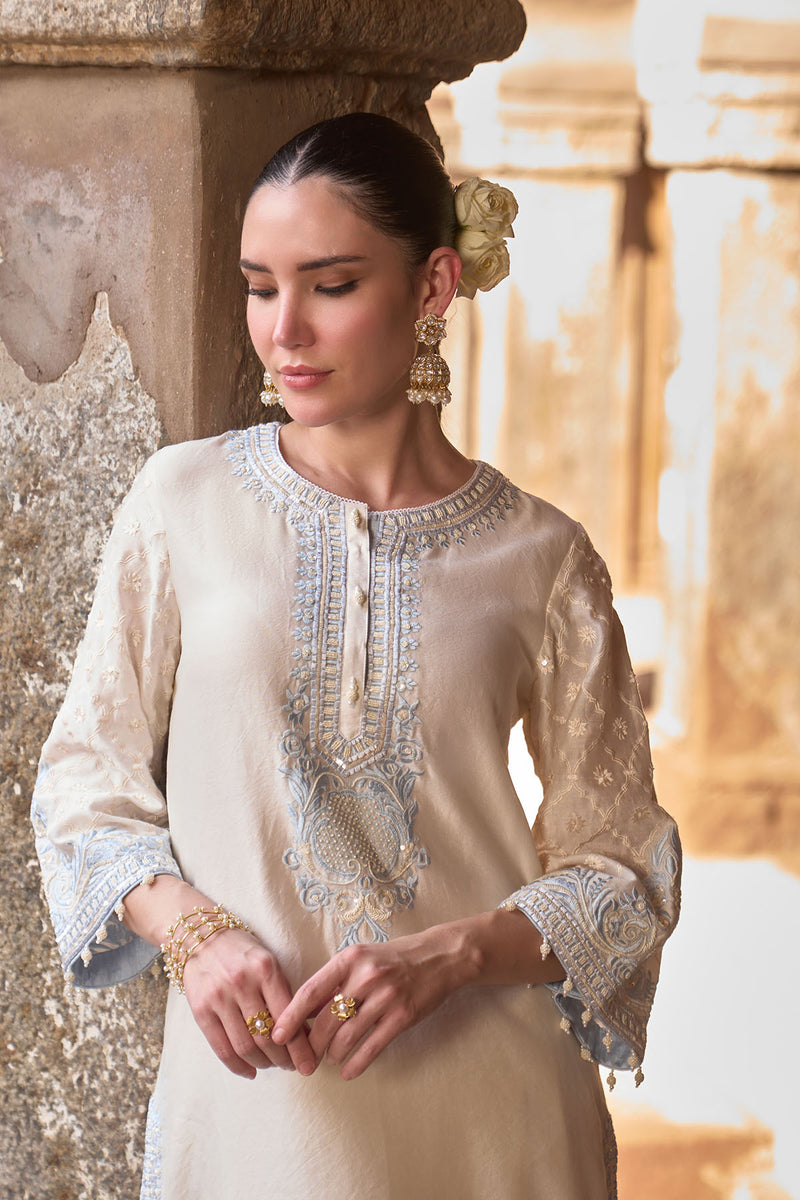 RUHI - DAISY IVORY WITH BLUE SHORT KURTA AND DHOTI