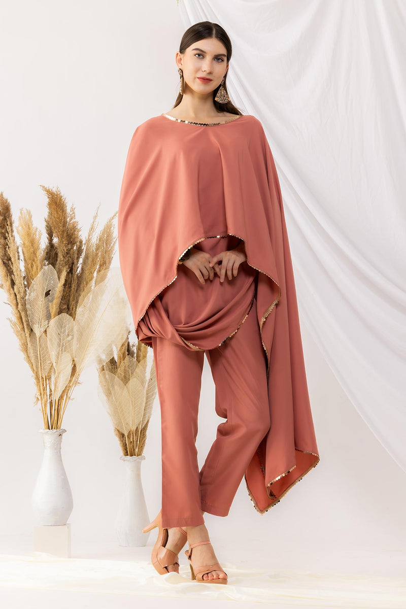 Coral Rose Cape Bohemian Style Drape Top With Straight pant