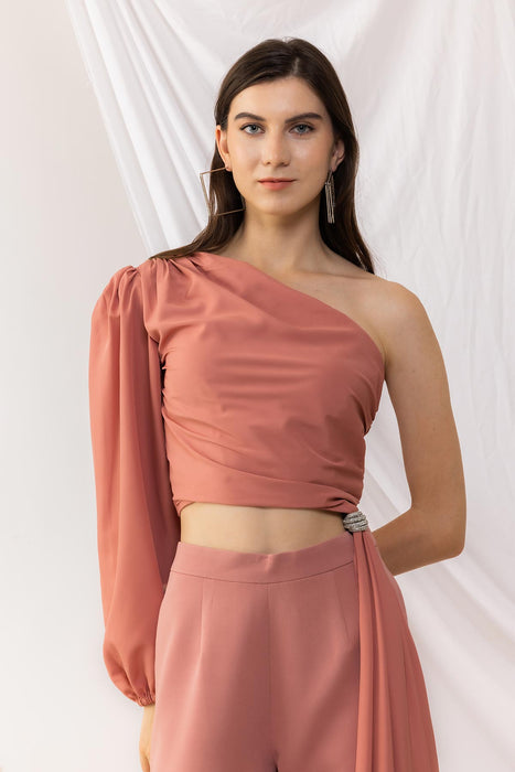 Coral Rose One Sleeve Shoulder Top