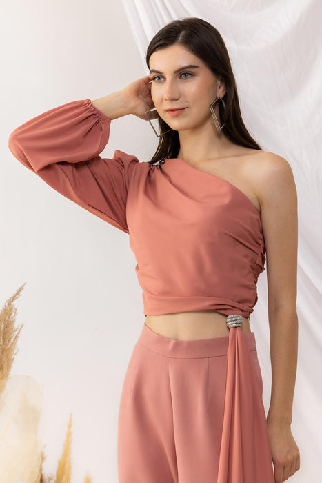 Coral Rose One Sleeve Shoulder Top