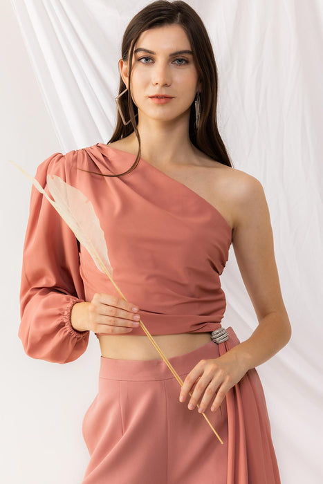 Coral Rose One Sleeve Shoulder Top