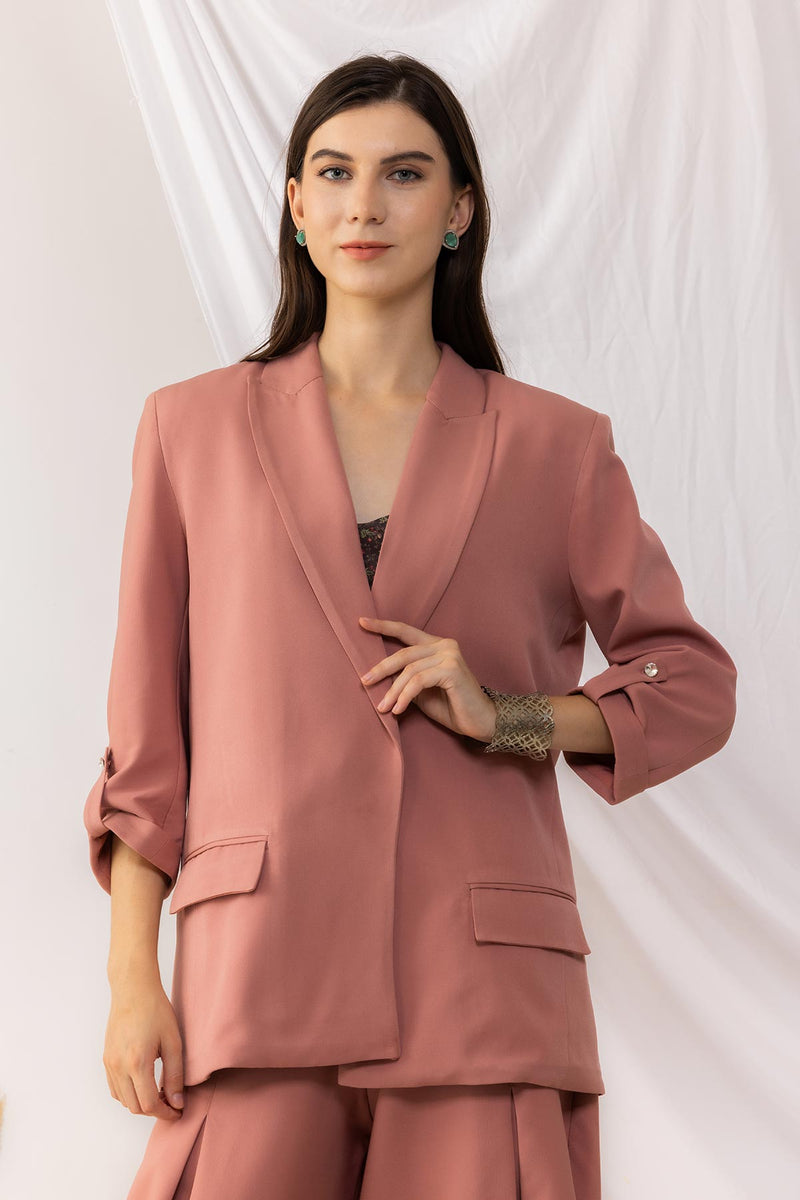 Coral Rose Open Blazer With Side Flap Pockets And Pull Up Sleeves