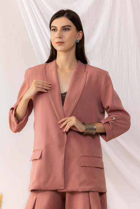 Coral Rose Open Blazer With Side Flap Pockets And Pull Up Sleeves