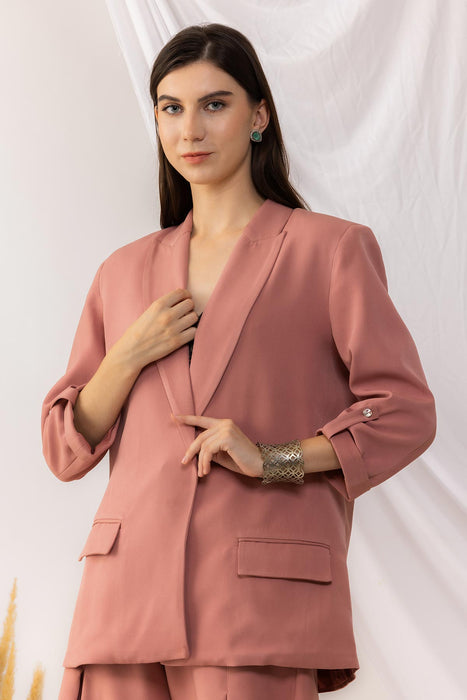 Coral Rose Open Blazer With Side Flap Pockets And Pull Up Sleeves