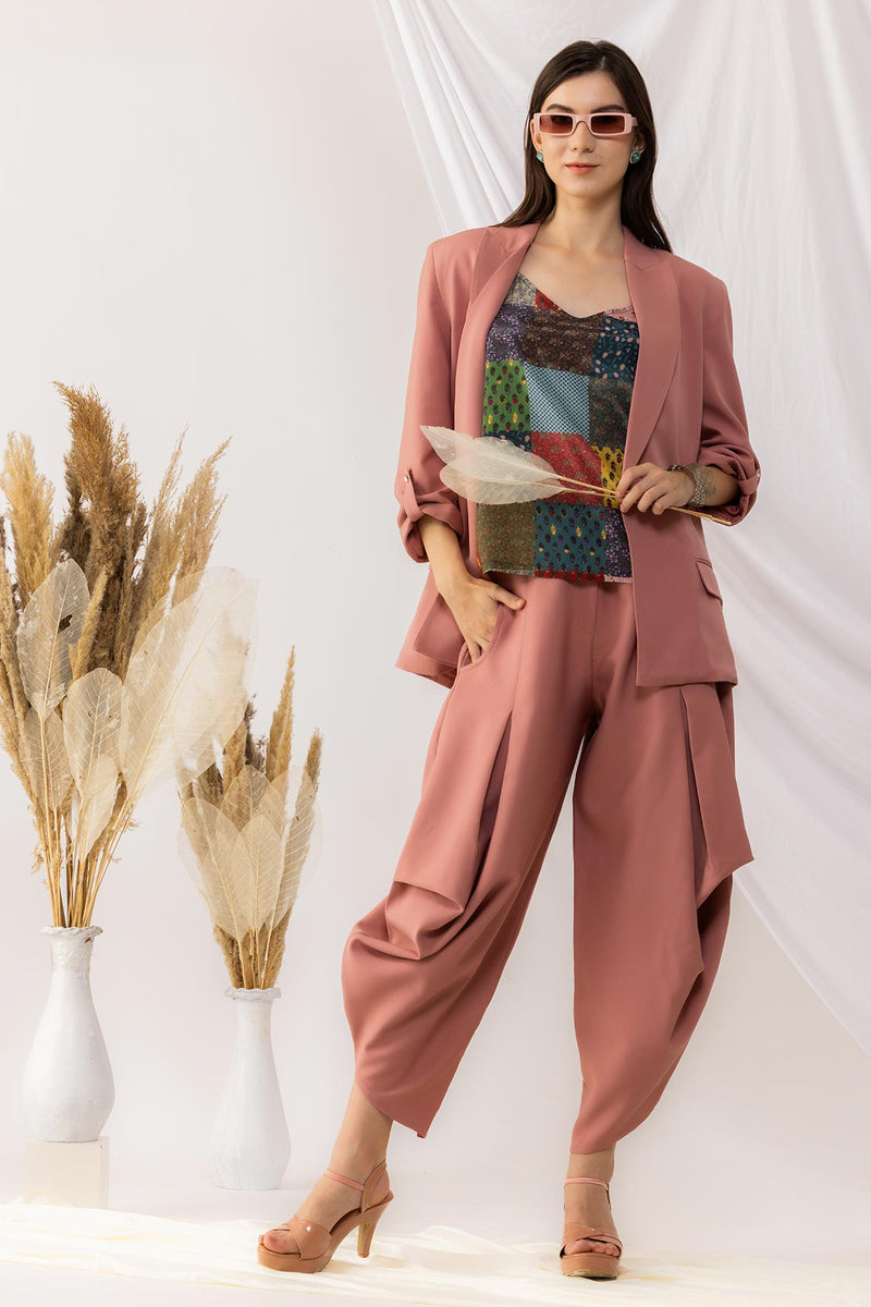 Coral Rose Open Blazer With Side Flap Pockets And Pull Up Sleeves