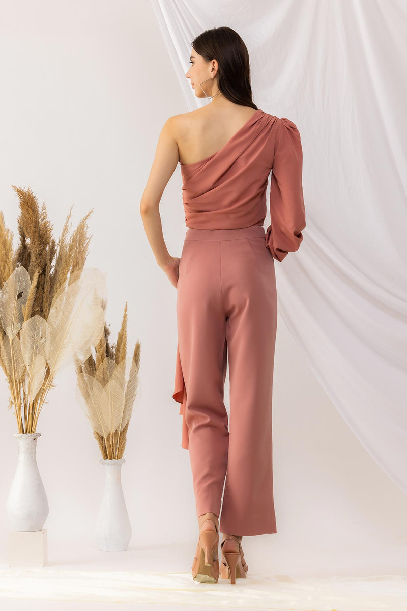 Coral Rose Pink One Shoulder Crop Top With Straight pant