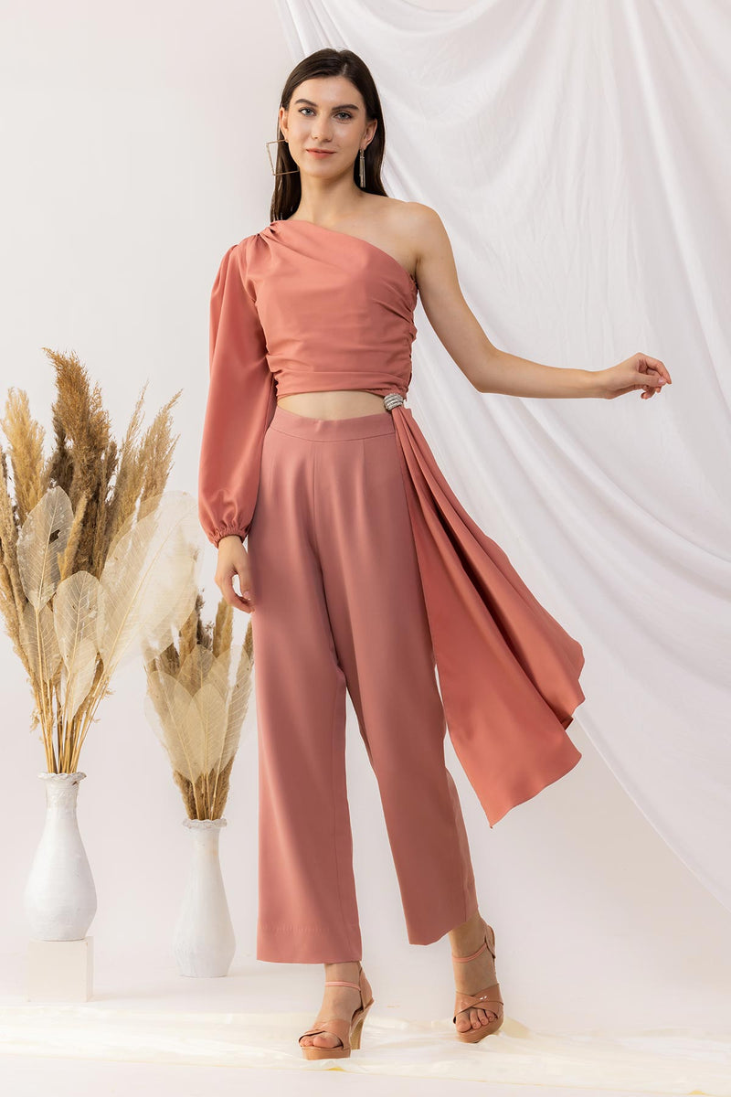 Coral Rose Pink One Shoulder Crop Top With Straight pant