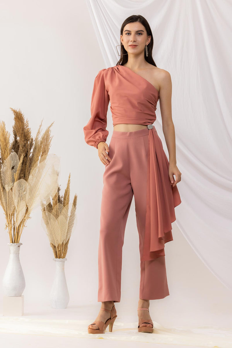 Coral Rose Pink One Shoulder Crop Top With Straight pant