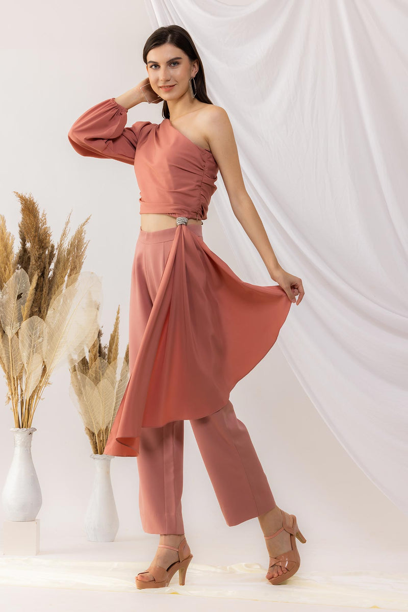 Coral Rose Pink One Shoulder Crop Top With Straight pant