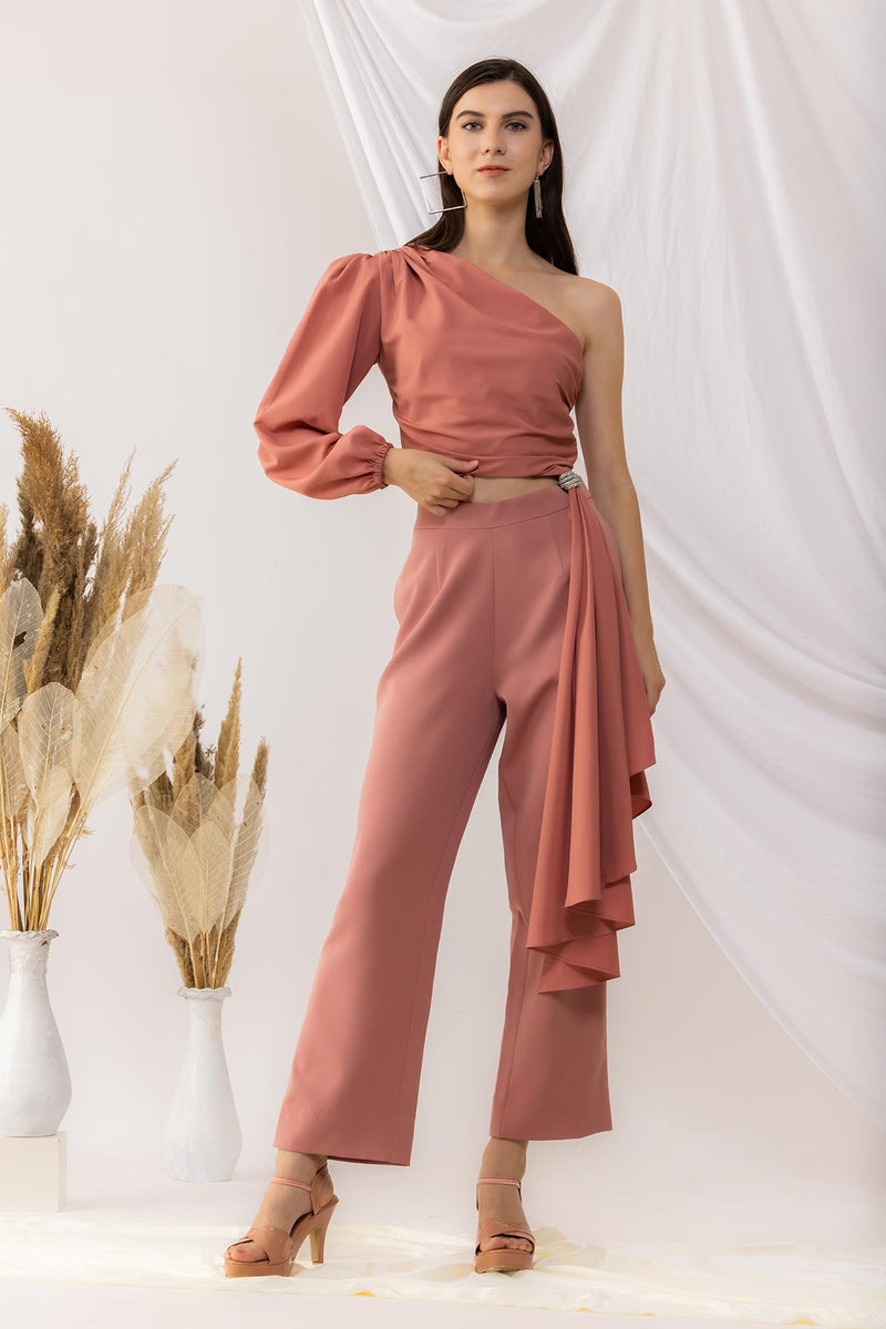 Coral Rose Pink One Shoulder Crop Top With Straight pant