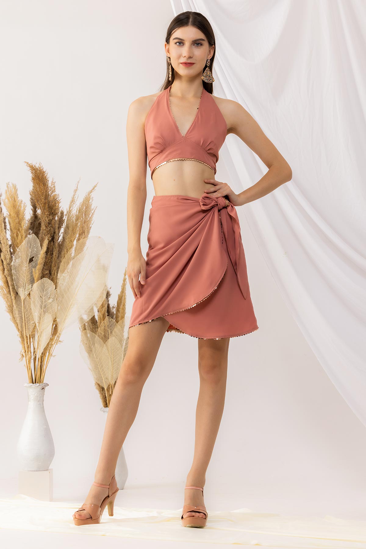 Coral Rose Short Overlap Skirt With Halter Neck tie-back Bralette Top ...