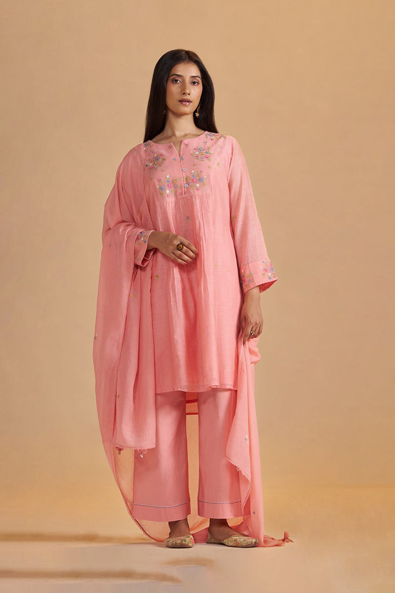 Coral Almond Chanderi Festive Kurta Set