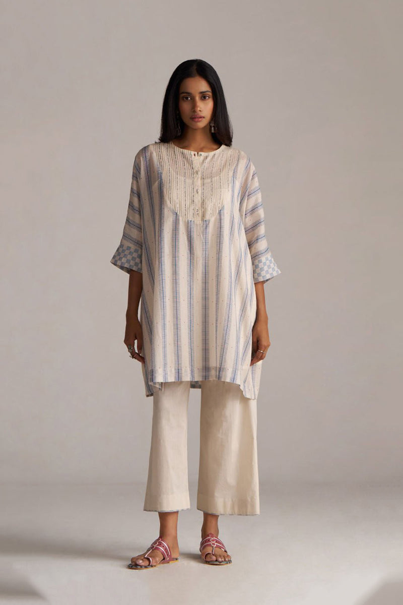 Cream and Blue Mul Chanderi Co-ord Set