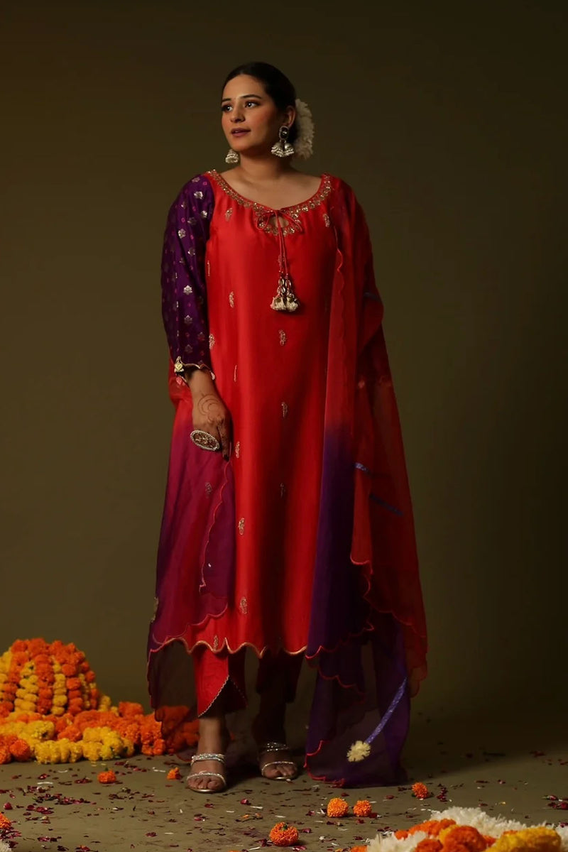 Red Chanderi Silk Kurta Set