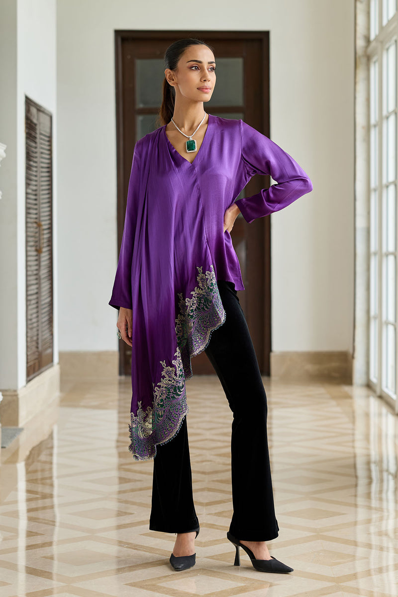 Ornate Purple Gradient Hand Embroidered french lace silk satin scarf top