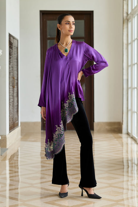 Ornate Purple Gradient Hand Embroidered french lace silk satin scarf top