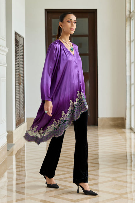 Ornate Purple Gradient Hand Embroidered french lace silk satin scarf top