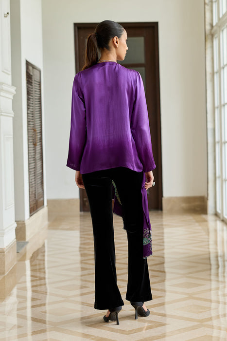 Ornate Purple Gradient Hand Embroidered french lace silk satin scarf top