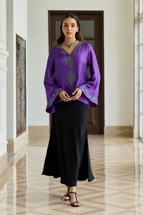 Elaria Purple Hand Embroidered French Lace Twill Silk Shirt