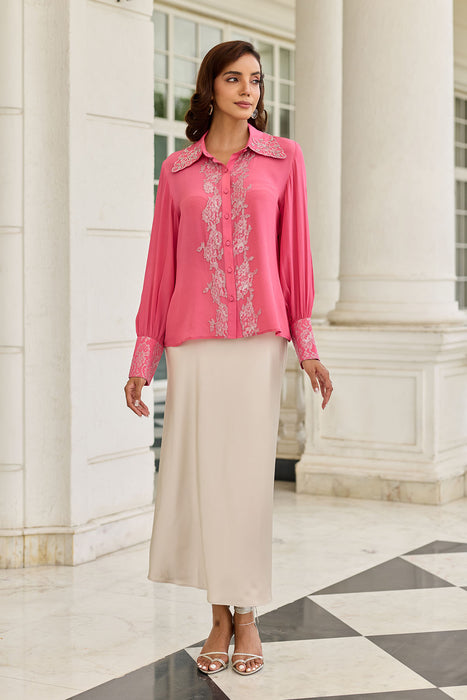 Thistle Fuchsia Pink Cutdana Embroidery French Lace Shirt