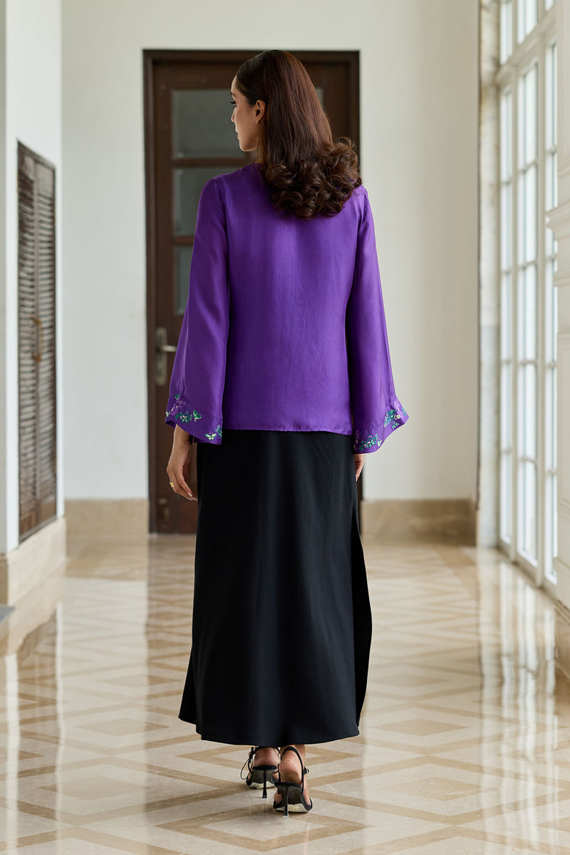 Elaria Purple Hand Embroidered French Lace Twill Silk Shirt