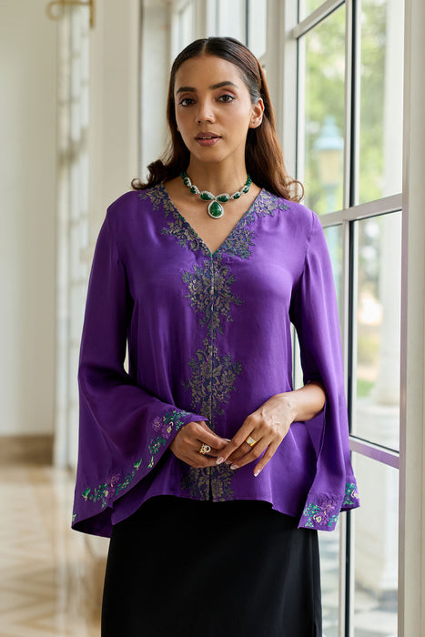 Elaria Purple Hand Embroidered French Lace Twill Silk Shirt