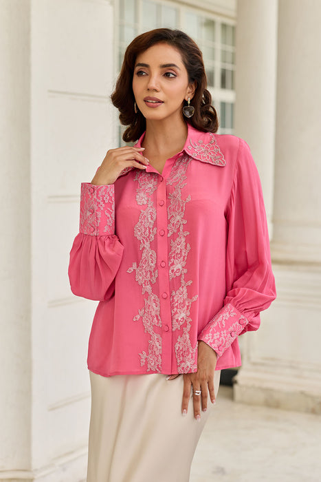 Thistle Fuchsia Pink Cutdana Embroidery French Lace Shirt
