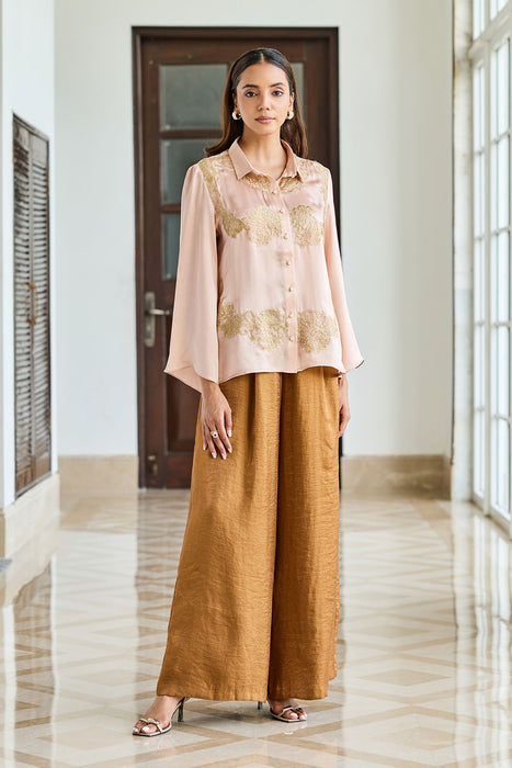 Rosette Mist Dusty Pink Symmetrical Lace Appliqué Satin Silk Shirt