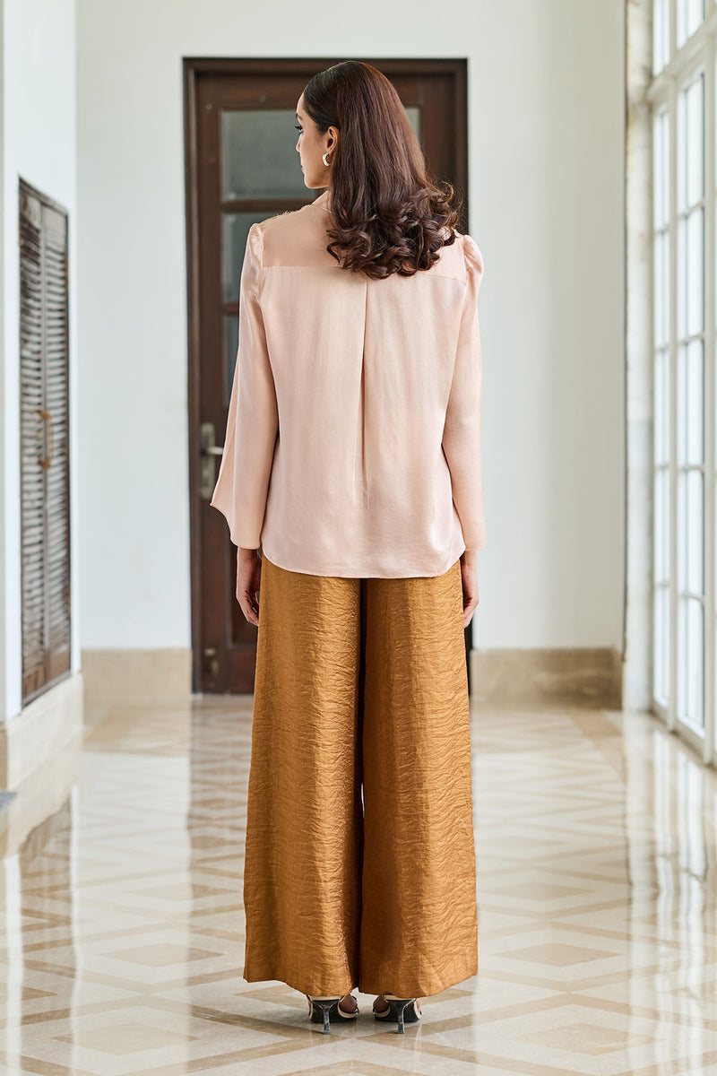 Rosette Mist Dusty Pink Symmetrical Lace Appliqué Satin Silk Shirt