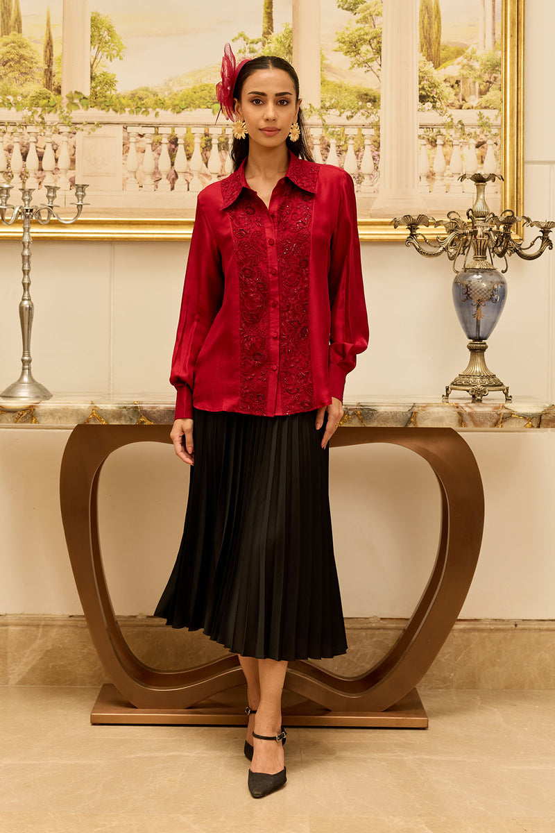 Amulet Cherry Red French Lace Panel Hand Embellished Twill Silk Shirt