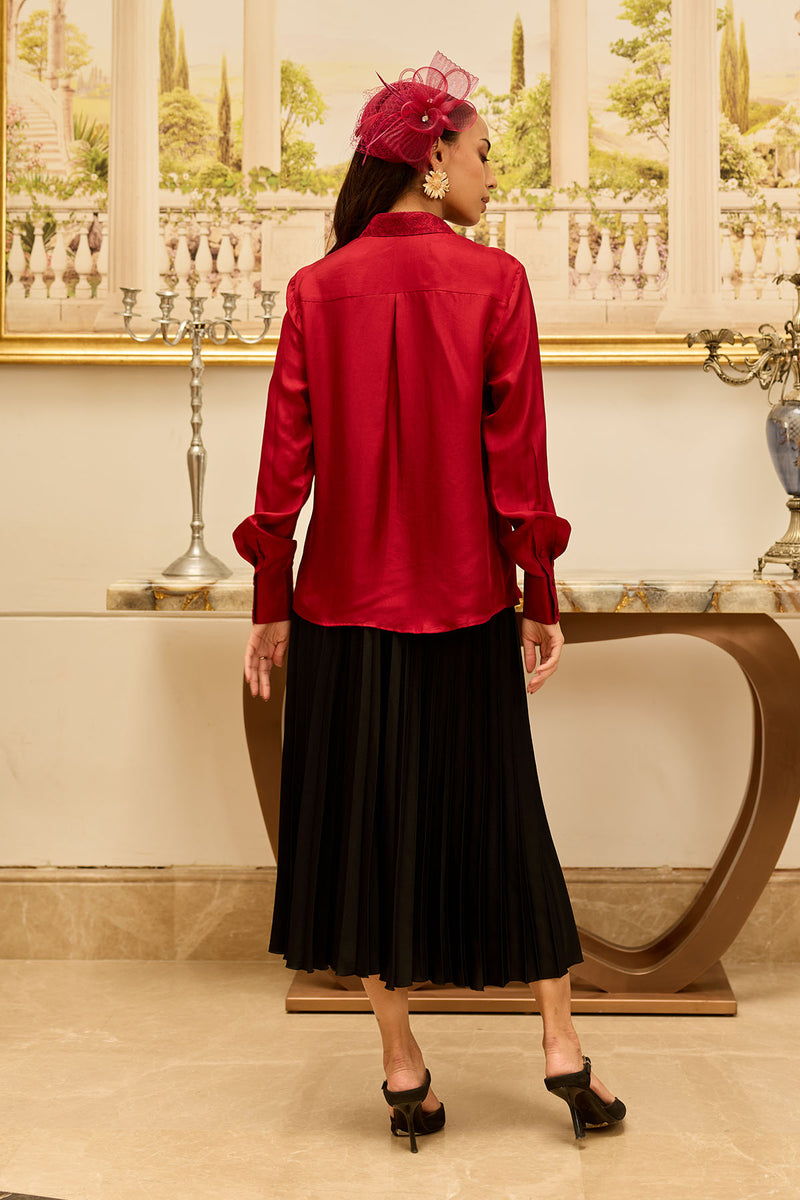 Amulet Cherry Red French Lace Panel Hand Embellished Twill Silk Shirt