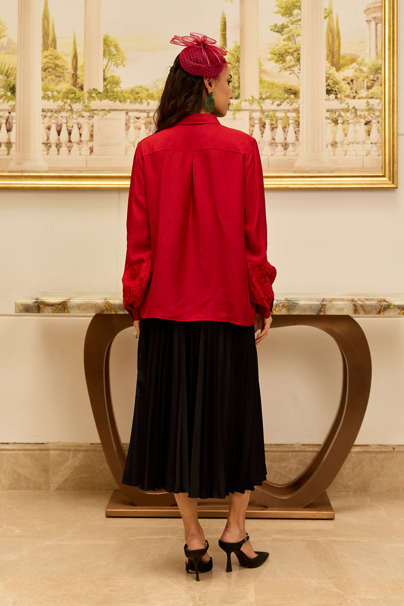 Crimson Bloom Red Hand Embroidered French Lace Habotai Silk Shirt