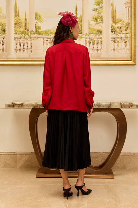 Crimson Bloom Red Hand Embroidered French Lace Habotai Silk Shirt