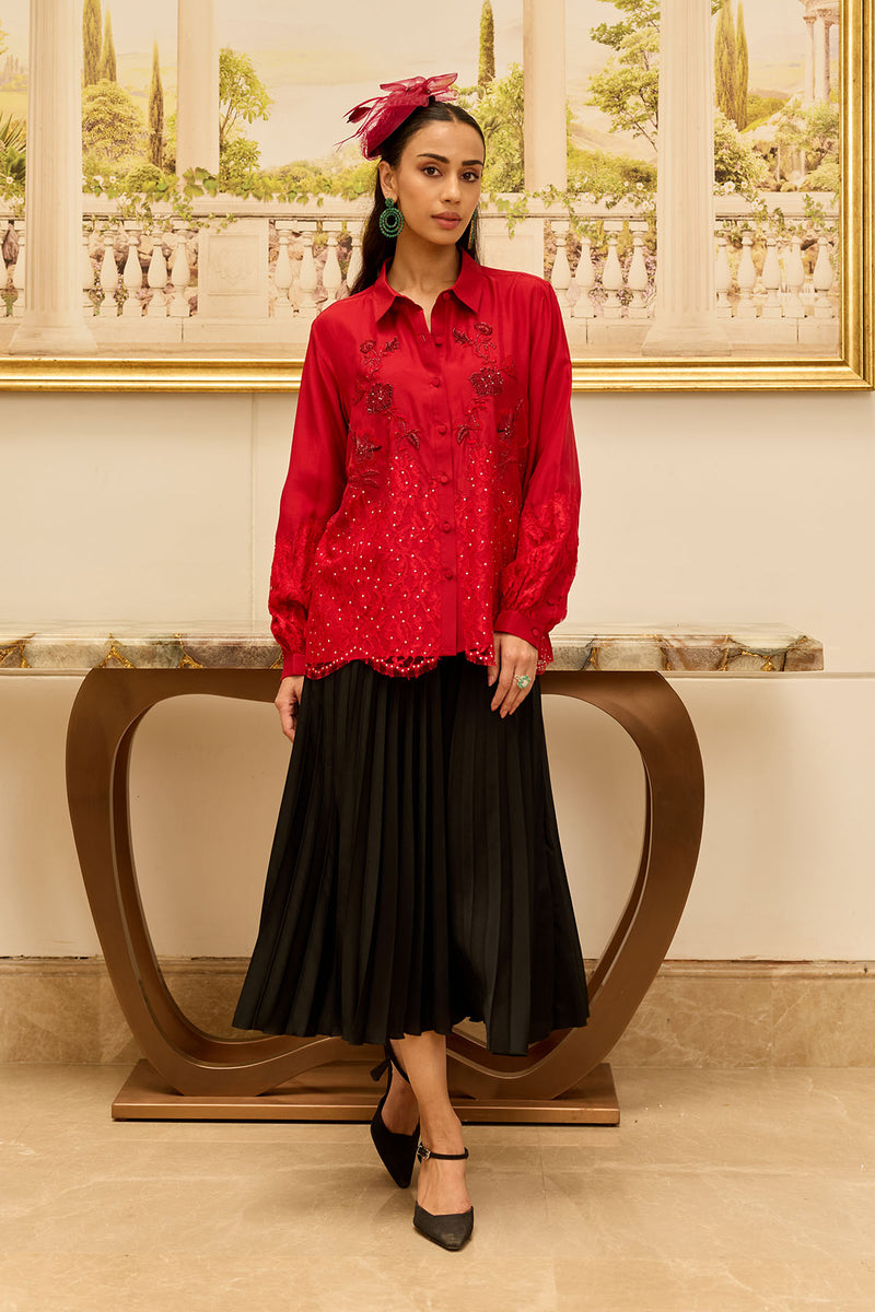 Crimson Bloom Red Hand Embroidered French Lace Habotai Silk Shirt