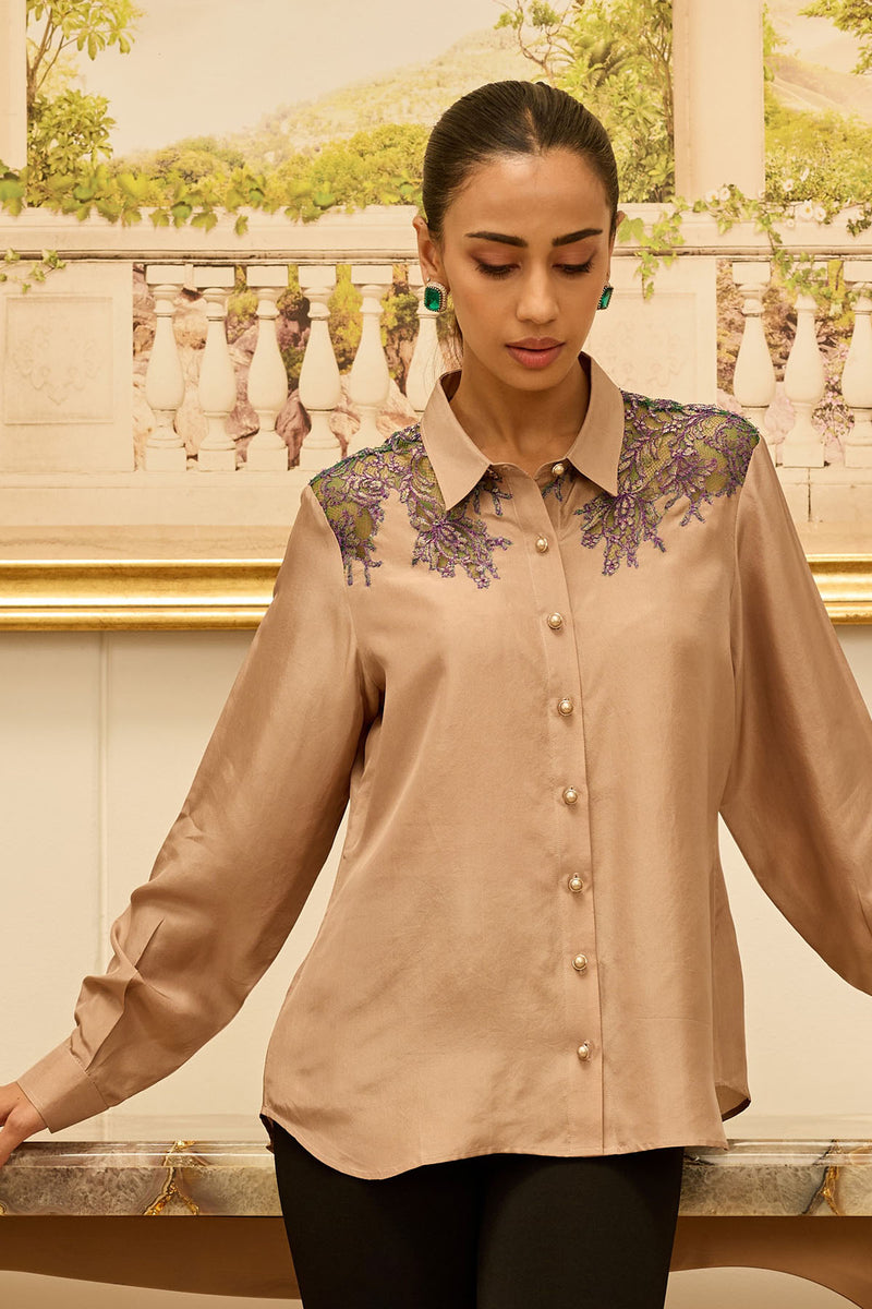 Love-Worn Gold Fondant  French Lace Habotai Silk Shirt