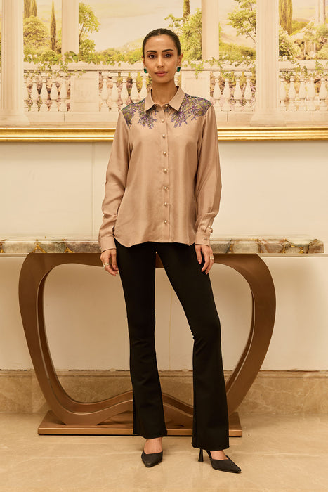 Love-Worn Gold Fondant  French Lace Habotai Silk Shirt